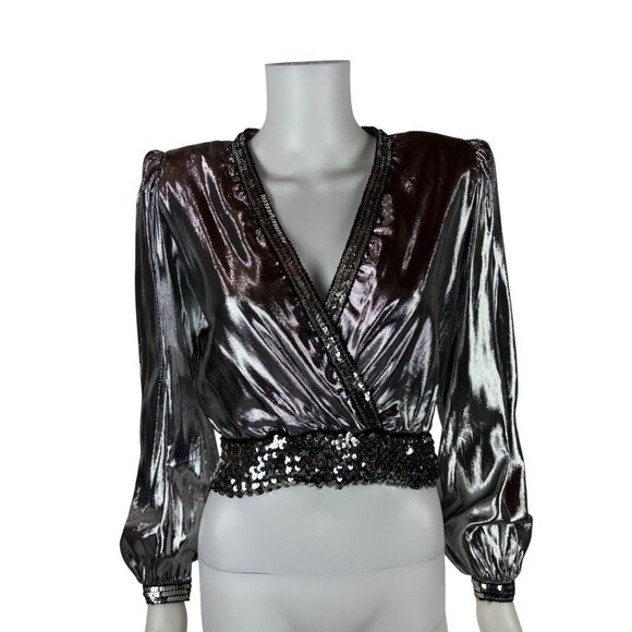 Vintage 70s Disco Shirt Womens Medium Silver Metallic Surplice Wrap Sequin Eveni - Picture 3 of 12